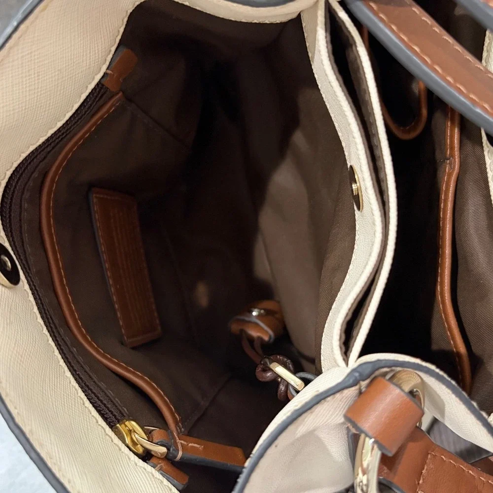 Tumi Villa Bucket Bag Womens Small Cream Brown Saffiano Leather Handbag Preppy